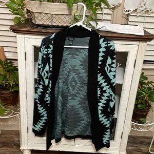 Rue 21 size small turquoise and black Cardigan sweater lightweight gently used